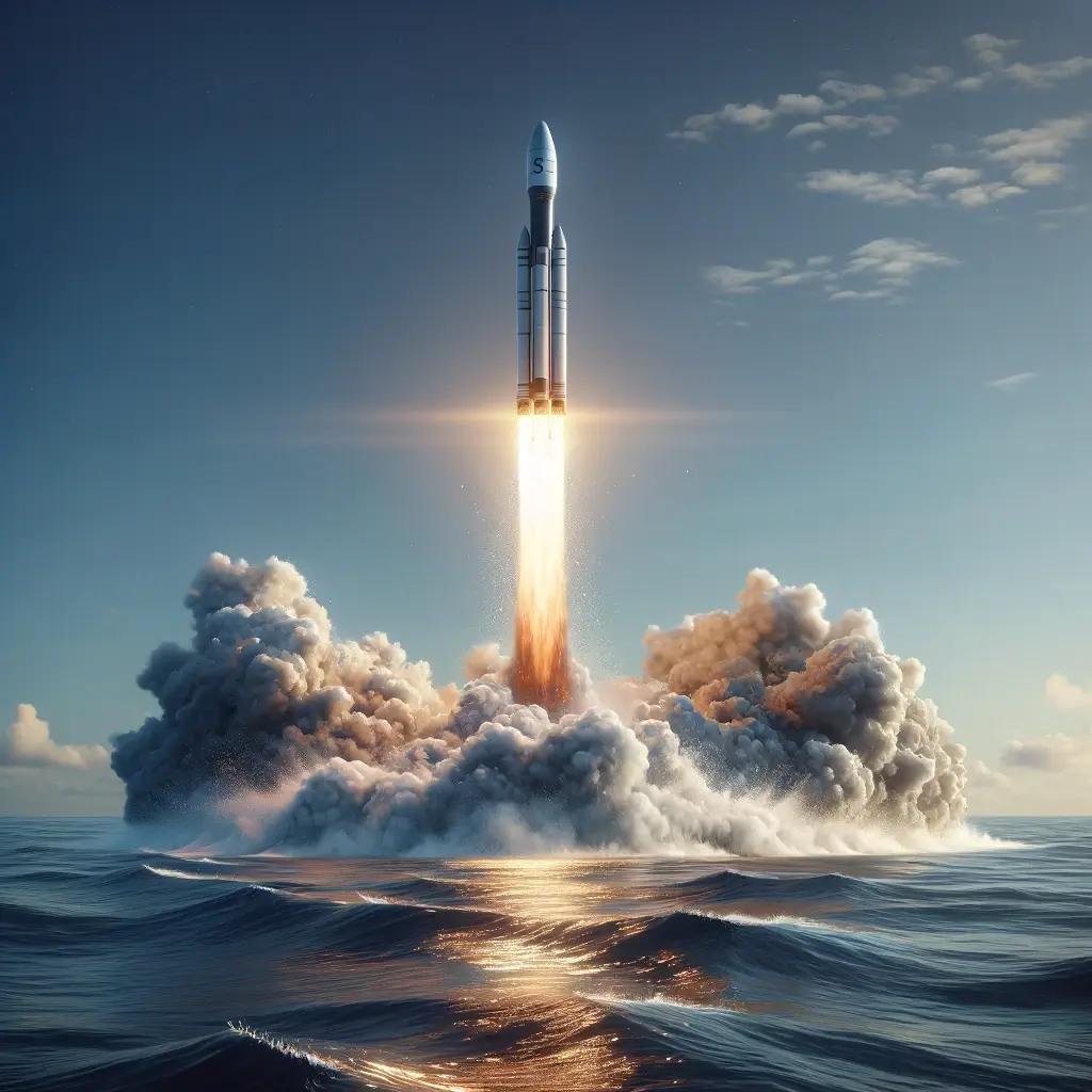 DALL·E 2024-06-10 15.57.54 - A realistic image of a rocket launching from the middle of the ocean. The rocket is emerging from the water with a trail of water spray and steam arou